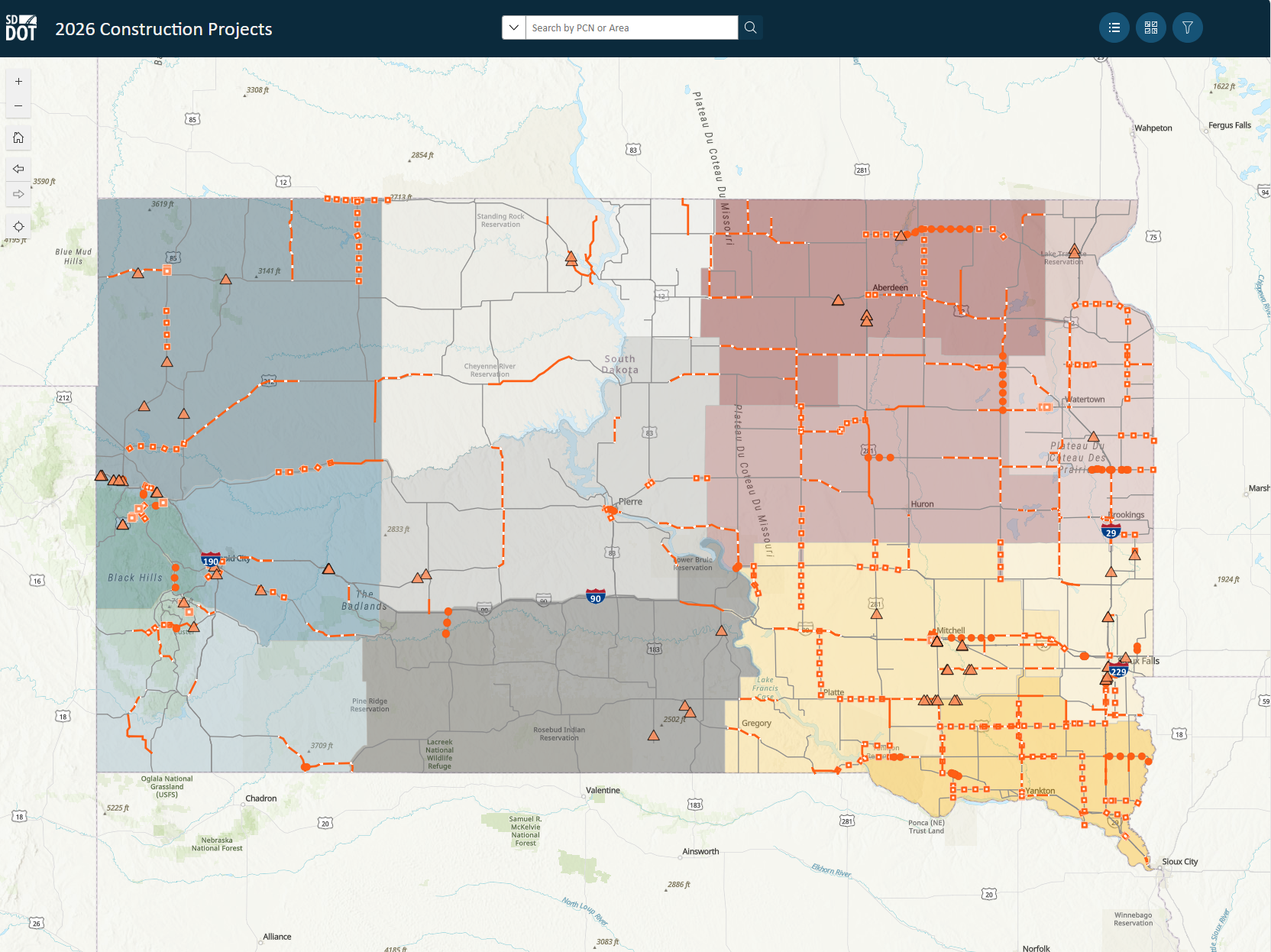 2026 Planned Construction Map for SDDOT