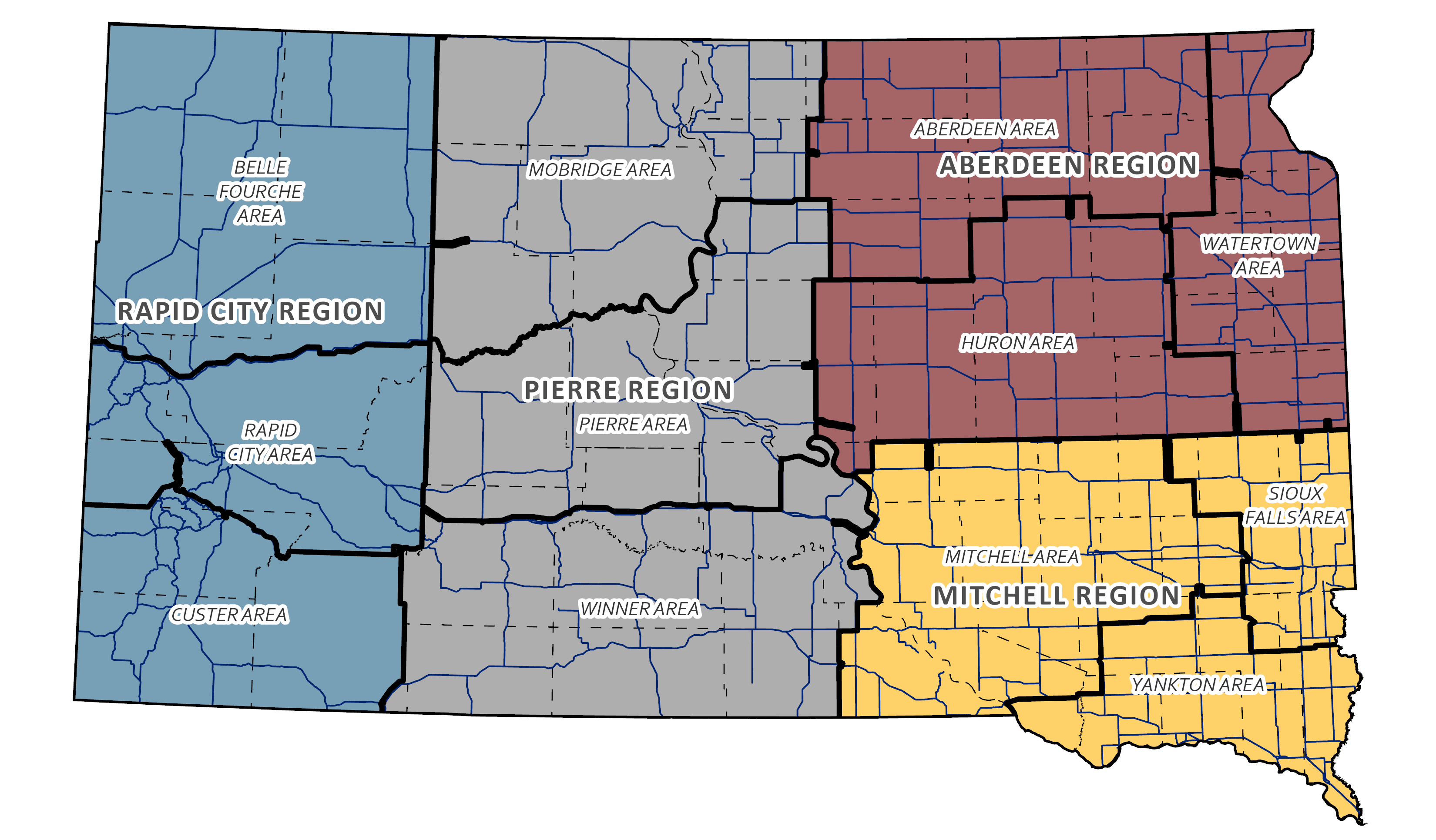 State of South Dakota map by SDDOT region. 