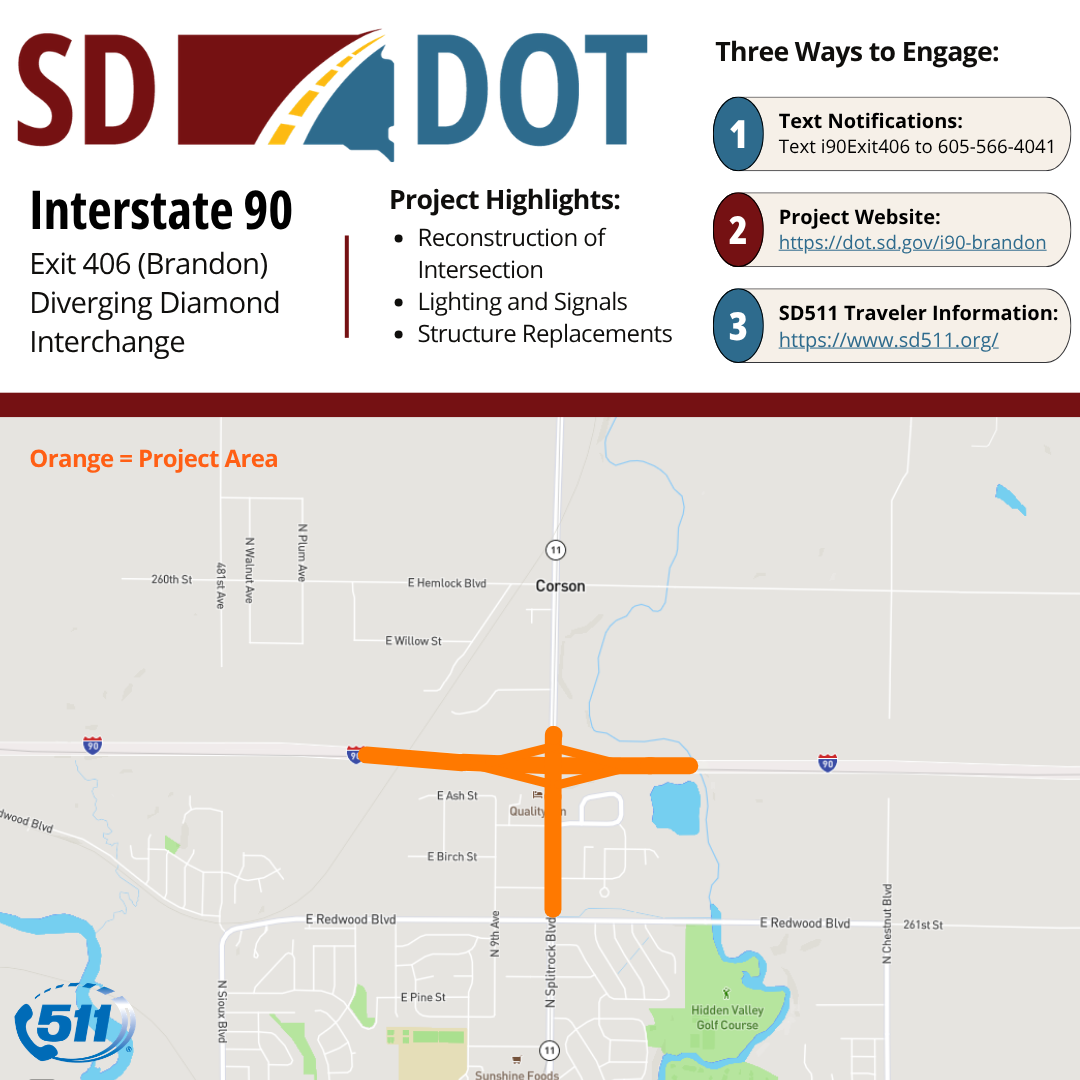 Interstate 90 at exit 406 in Brandon SD construciton location map.