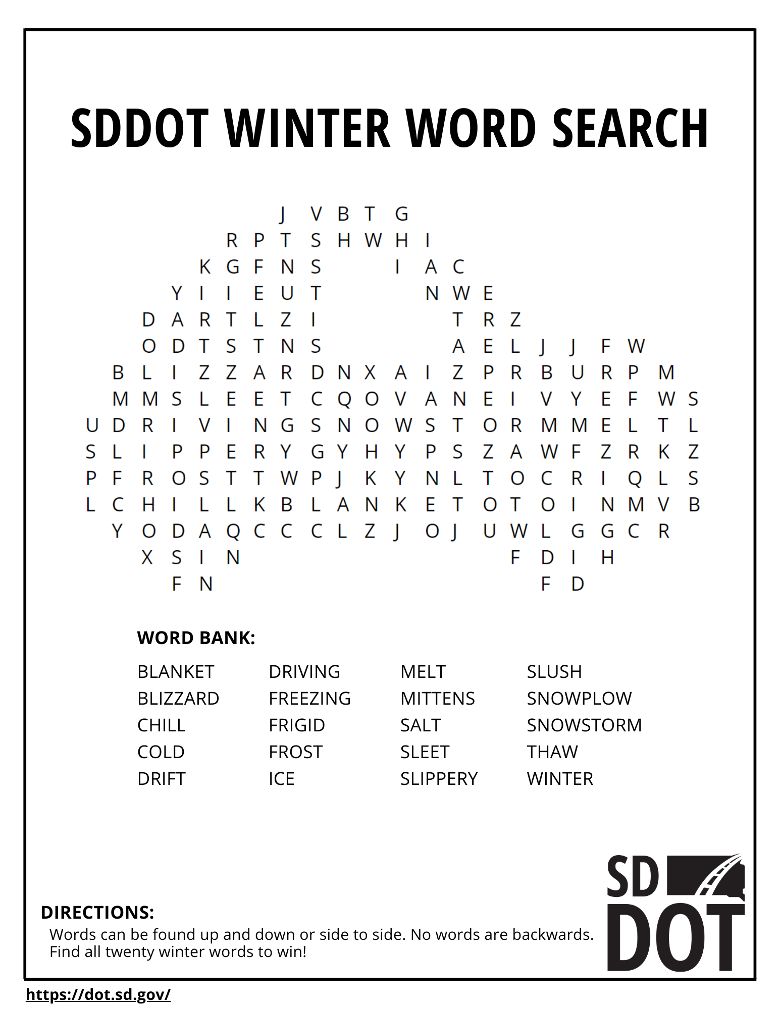 SDDOT Winter Word Search and activity packet