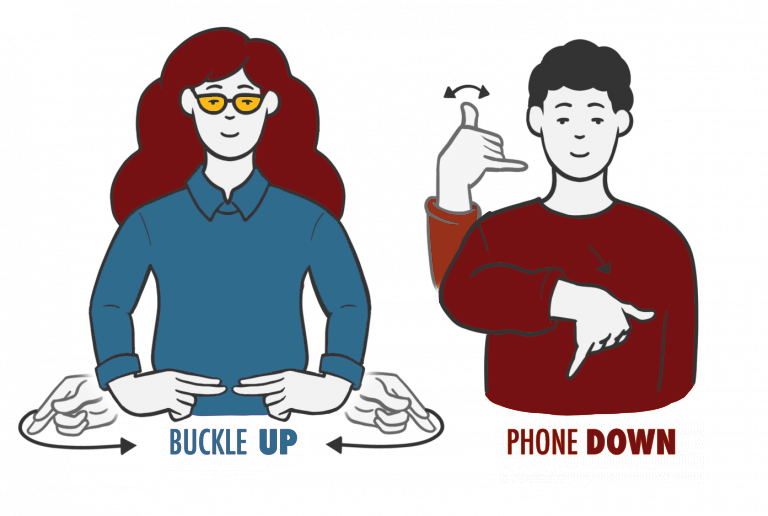 asl buckle up phone down signals