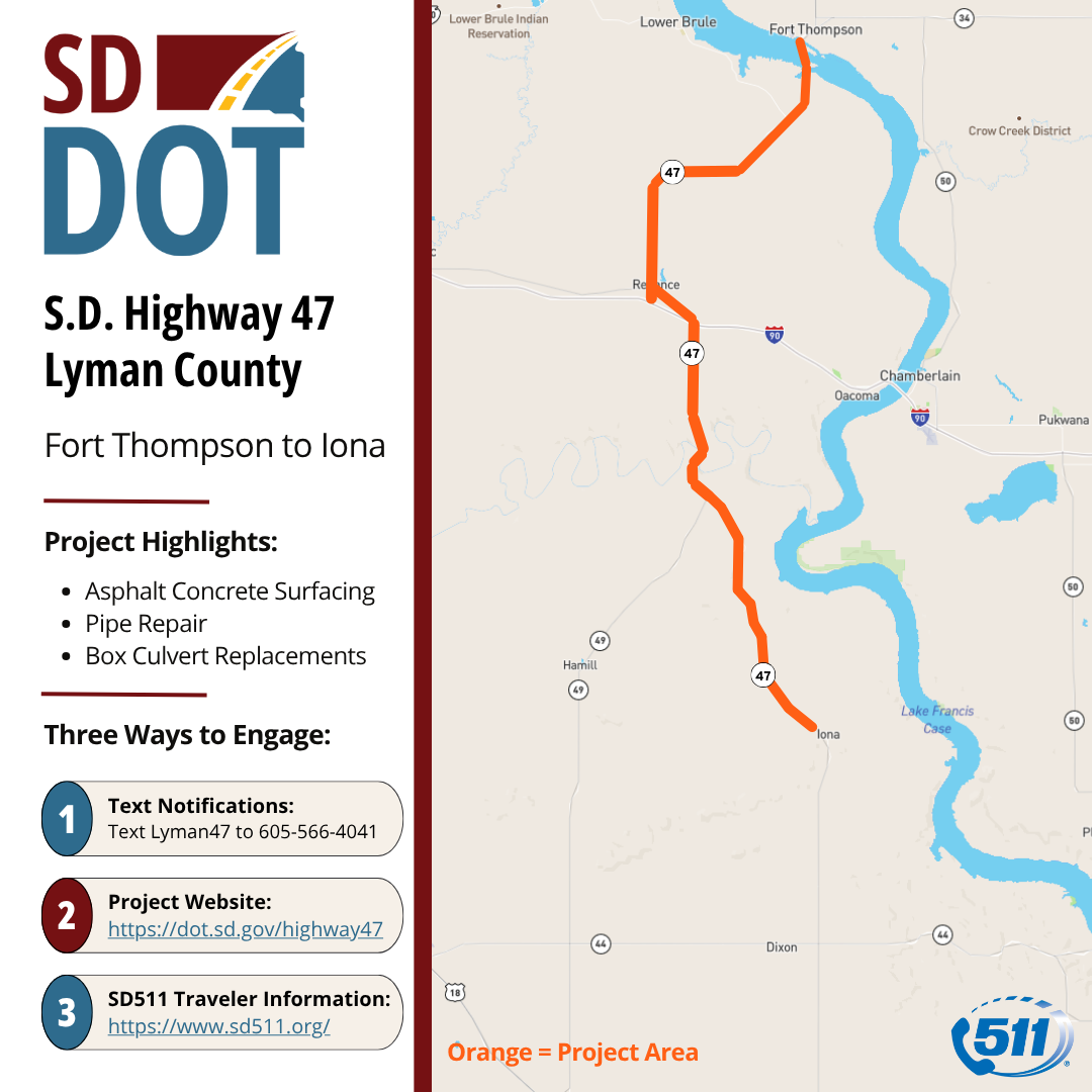 S.D. Highway 47 construction map from Fort Thompson to Iona